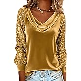 Sequin Tops for Women Dressy Casual Long Sleeve Sparkly Velvet Top Cowl Neck New Years Eve Outfits Quiet Luxury Clothes