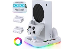 Cooling Stand for Xbox Series S Console with 15 Light Modes, MENEEA Dual Fast Charger Station with 2x1400mAH Batteries,Cooler System Accessories with 3-Speed Adjustable Fan, 2.0 USB Port