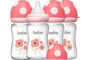 YOHKOH Natural Glass Baby Bottle with Level 1 Slow Flow Nipple, Newborn Anti-Colic Baby Bottles, Wide Neck Mushroom Baby Glass Bottle ((5.4oz (Pack of 4), Red-1)