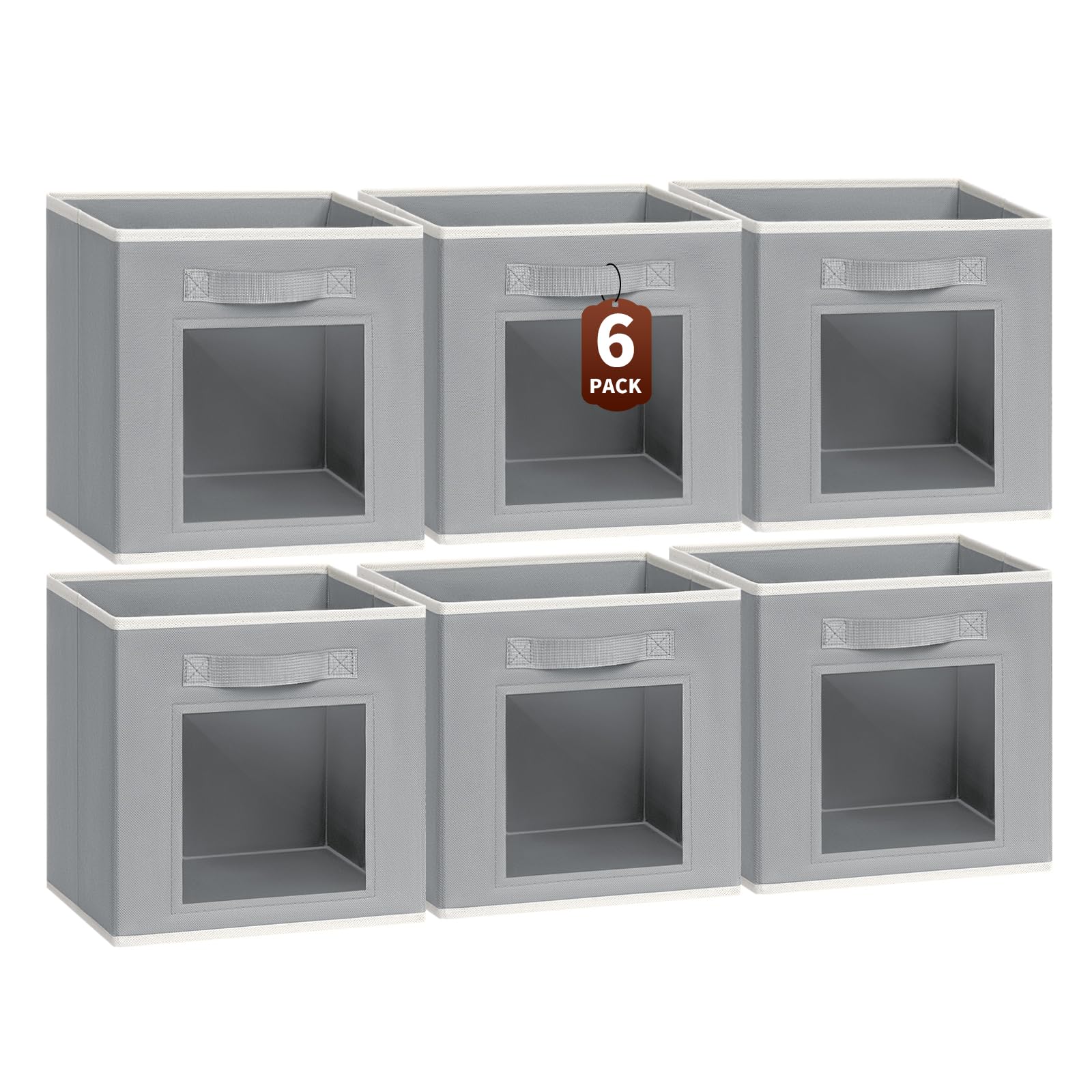 Homsorout Storage Boxes 11 Inch Cube - 6 Pack Shelf Storage Bins with Window, Foldable Baskets with Handle, Fabric Wardrobe Home Organiser for Closet, Toys, Clothes, Office, Nursery, Grey
