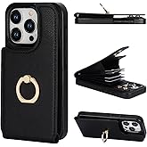 Folosu Compatible with iPhone 15 Pro Case Wallet with Card Holder, 360°Rotation Finger Ring Holder Kickstand, RFID Blocking Leather Protective Double Buttons Shockproof Cover 6.1 Inch Black