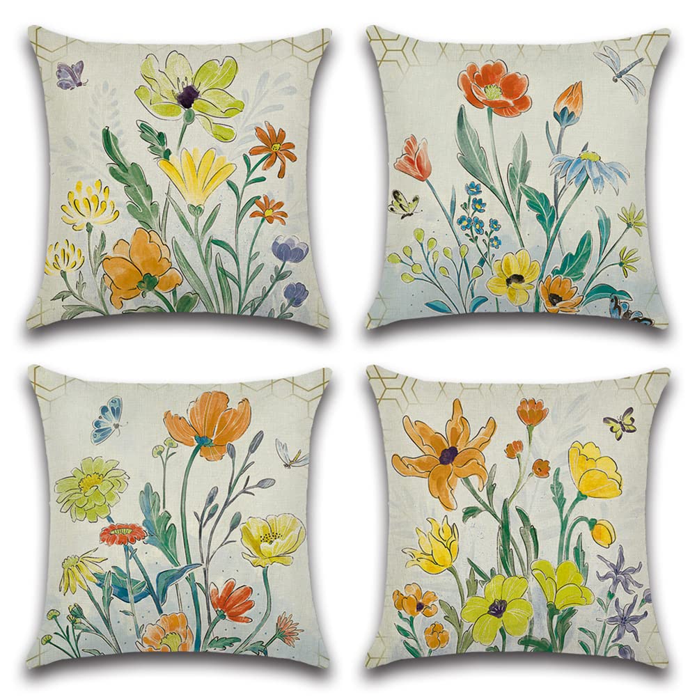 Artscope Set of 4 Waterproof Cushion Covers 45x45cm, Decorative Spring - Flower Butterfly Dragonfly Throw Pillow Covers, Perfect to Outdoor Patio Garden Bench Living Room Sofa Farmhouse Decor