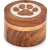 Samhita Acacia Wood Decorative Urns Round Shape White Paws Design Urn for Ashes for Dogs, Pet Urns for Cats (3.5" x 3.5" x 2.5")