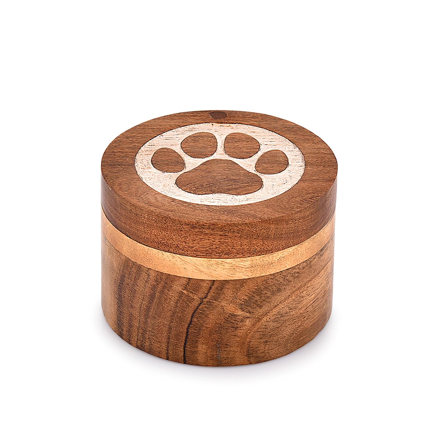 Samhita Acacia Wood Decorative Urns Round Shape White Paws Design Urn for Ashes for Dogs, Pet Urns for Cats (8.89cm x 8.89cm x 6.35cm)