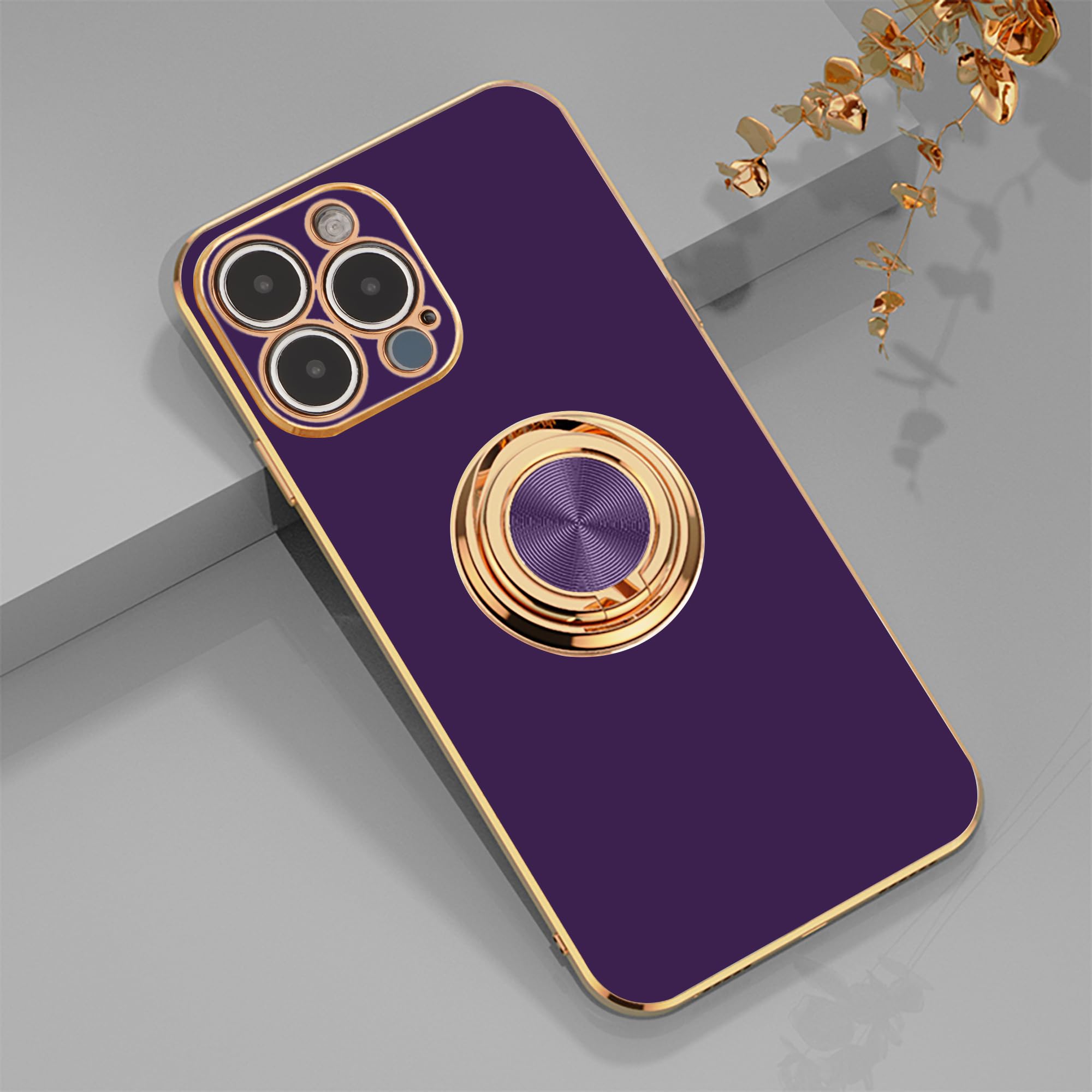 EYZUTAK Electroplated Magnetic Ring Holder Case for iPhone 14 Pro Max, 360 Degree with Rotation Metal Anti-fall Finger Ring Holder Magnet Car Holder Slim Soft Silicone Shockproof Cover - Dark Purple