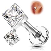 COCHARM 16G Titanium Flat Back Helix Piercing Jewelry, Square Design Threadless Cartilage Tragus Earring Stud, Gold and Silver Tone Conch Lobe Jewelry