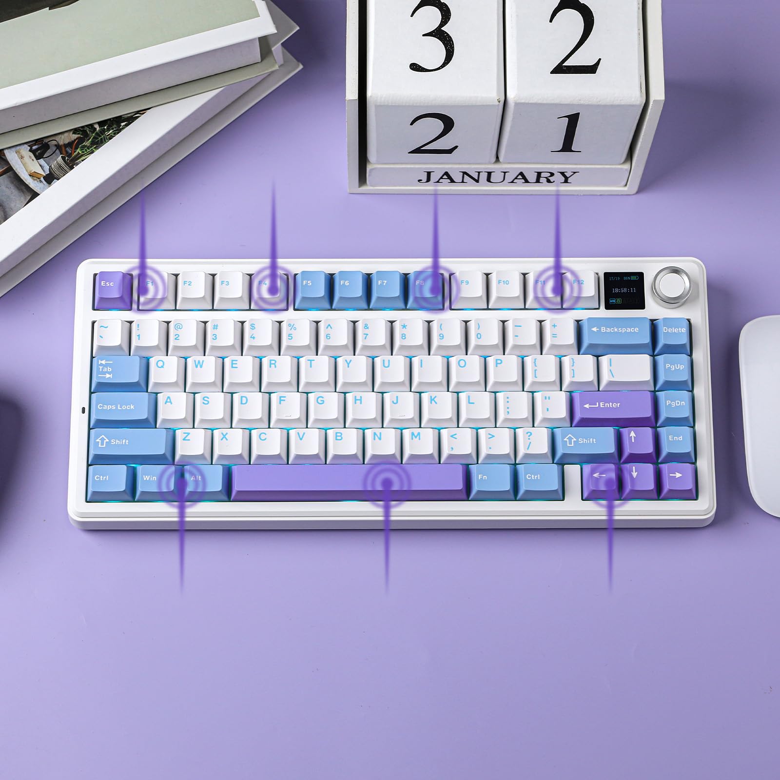Epomaker X Aula F75 Max Tri-Mode Wireless Gaming Keyboard, Tft Screen, Knob, Hot Swappable, 2.4Ghz/Type-C/Bt5.0, Gasket Creamy, For Pc/Mac/Office/Gaming (White Purple, Reaper Switch) - View 6