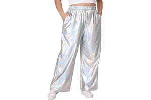 Agnes Orinda Plus Size Metallic High Waist Stretchy Jogger Pants for Women Holographic Hip Hop Streetwear
