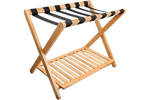 Purbambo Luggage Rack for Guest Room, Suitcase Stand with Storage Shelf, Bamboo Frame, 6 Nylon Straps, Foldable for Easy Storage