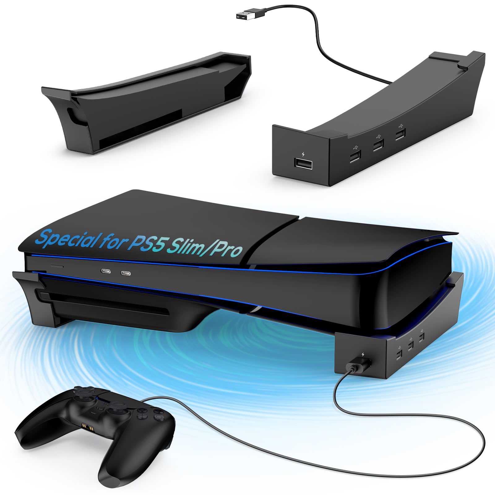 KOVA Horizontal Stand for PS5 Console with 4-Port USB Hub, Base Holder for PlayStation 5 Accessories, Skate for Slim Disc & Digital Edition Controller Charging (Black)