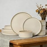 ALOFMO Stoneware Dinnerware Sets, Plates and Bowls Sets for 4, 12-Piece Ribbed Dishes – Chip & Scratch Resistant, Microwave and Dishwasher Safe Tableware, Beige