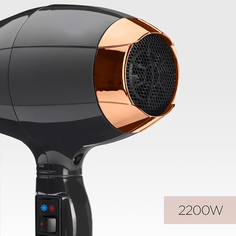 Secador de pelo Italian Air Pro con Difusor - Motor AC Profesional, Alta potencia 2200 W, Tecnología iónica antiencrespamiento, 2 temperaturas y 2 velocidades, Made In Italy, Negro, 6719DE