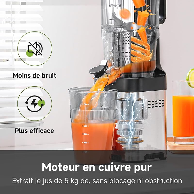 Extracteur de Jus Fruits et Légumes, Moins de Temps de Découpe, Goulotte XXL 135 mm, Extraction Lente à Froid, Facile à Nettoyer, Moteur Silencieux 45 dB, Idéal Famille