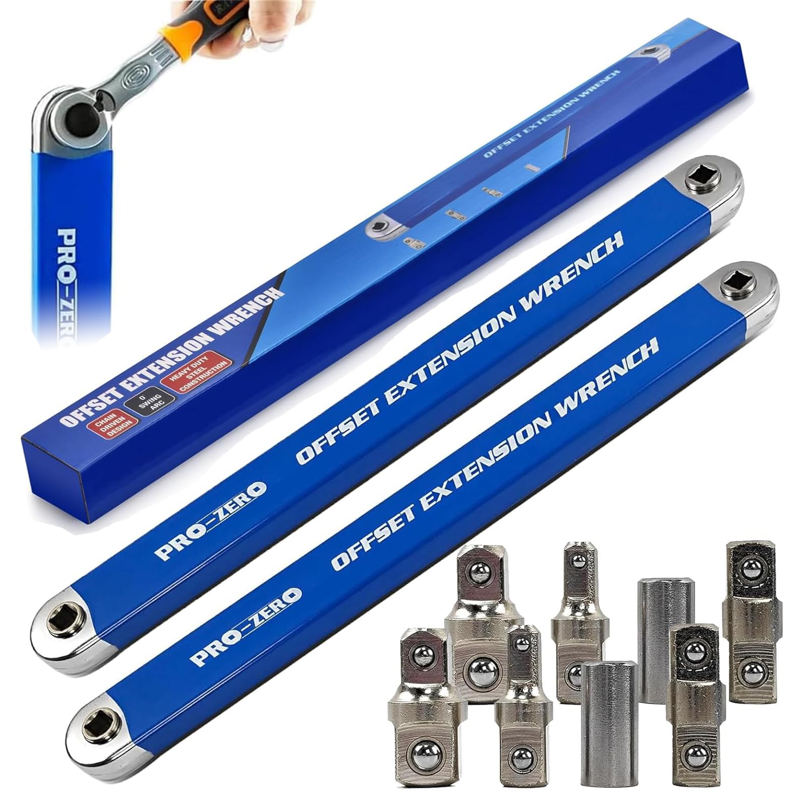 Wrjpigf Pro Zero Offset Extension Wrench Set: 2-PC Universal Ratchet Wrench Extender with 1/2", 1/4", 3/8" Drive Adapters