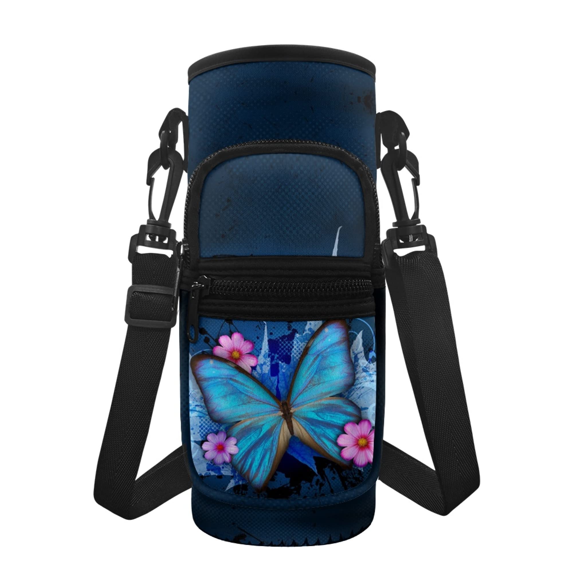 chaqlin Blue Butterfly Water Bottle Carrier Bags for Women Girls Cute Sports Bottle Bag with Adjustable Strap and Pocket,Butterfly Insulated Crossbody Water Bottle Holder