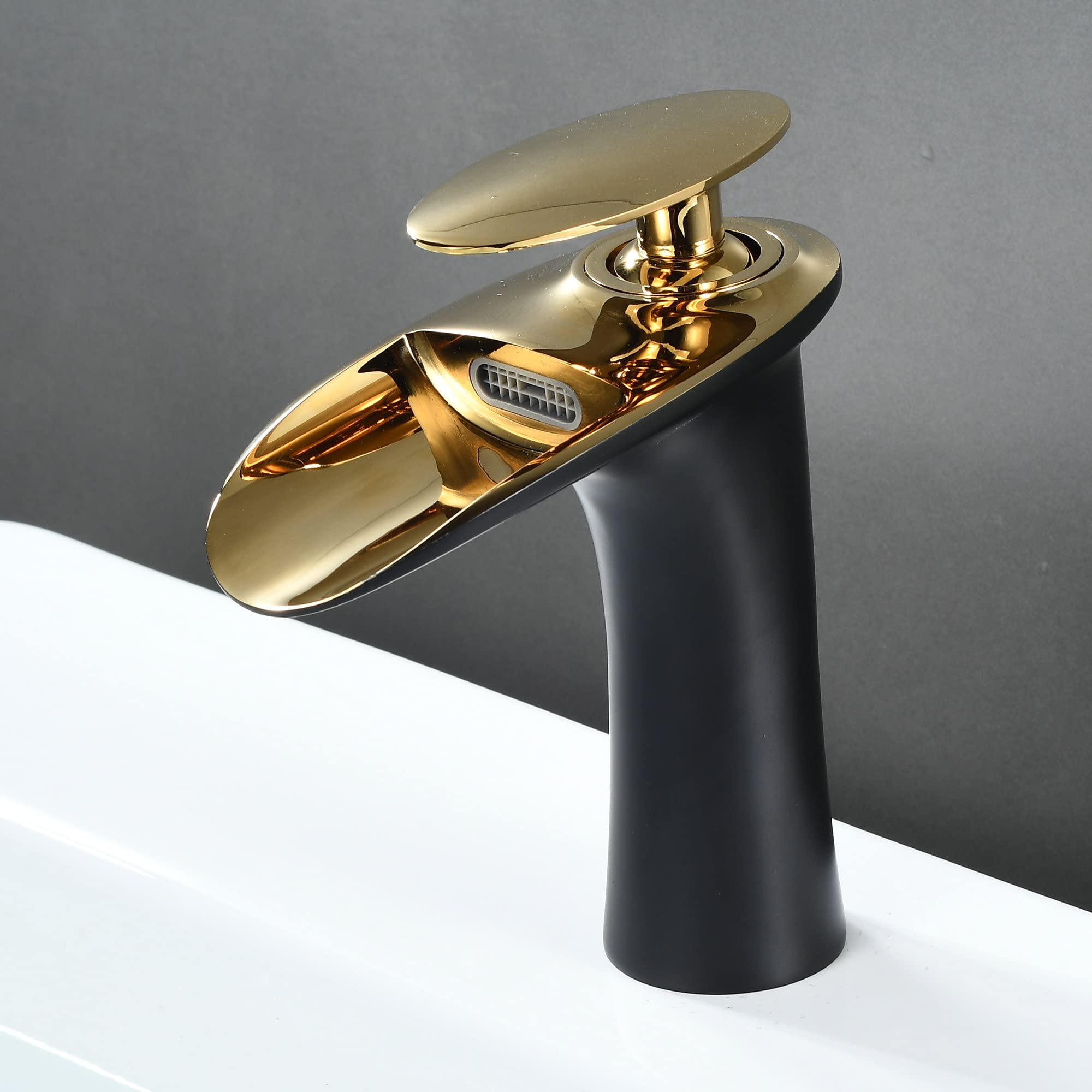 SHUNLI Bathroom Sink Taps Mixers - Black Gold Bathroom Basin Mixer Tap - Waterfall Bathroom Faucet Single Hole