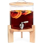 Navaris Beverage Dispenser with Stand - 1.3 Gallon (5L) Glass Drink Dispenser with Stainless Steel Spigot - Drinks Water Parties - Natural Beech Wood