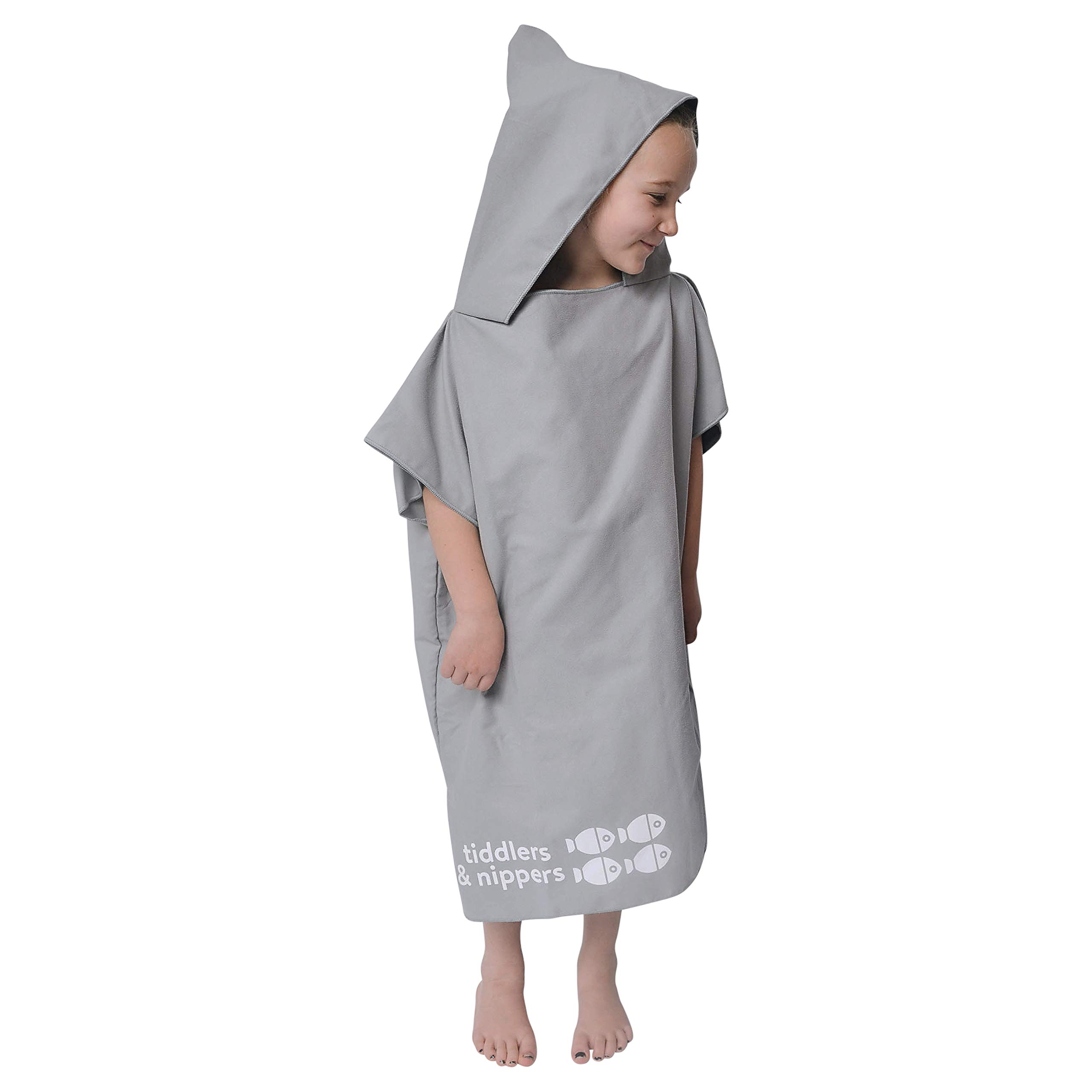 tiddlers & nippers Kids Patterned/Plain Microfibre Hooded Towel/Poncho | Lightweight, Super Absorbent Microfiber & Quick Drying | Ideal For Beach, Pool, Holidays & Travel (Grey, 18m-5 Years)