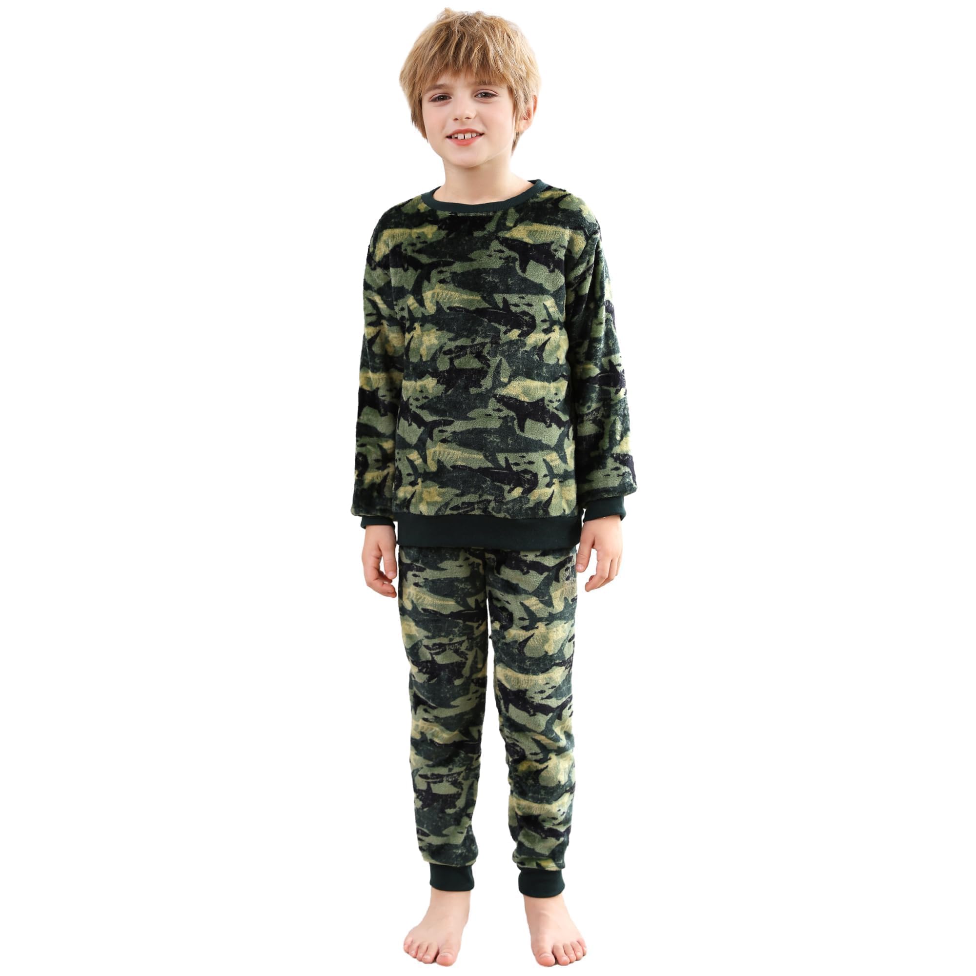 Photo 1 of V.&GRIN Boys Fleece Pajamas, Soft Cozy Pullover Sweatshirt Pants Set for Kids 7-16 Years(Camo Shark 13-14)
