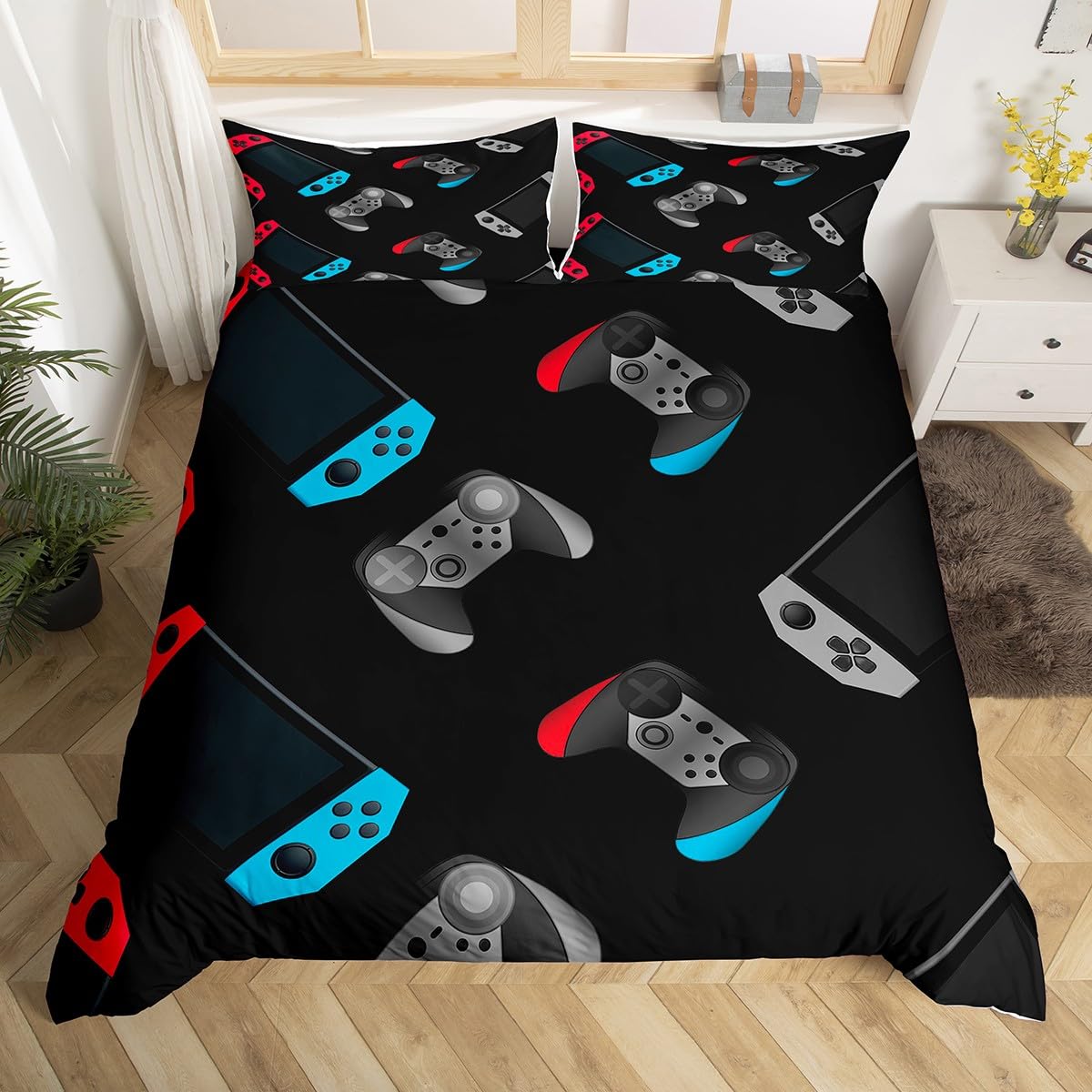 Gamer Comforter Cover Set Kids Boys Teens Video Game Gamepad Bedding Set Novelty Game Controller Duvet Cover Action Buttons Bedspread Cover,Room Decor 3Pcs Bedding Double Size