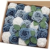 J-Rijzen Artificial Flowers 25PCS Real Looking White & Dusty Blue Shades Fake Roses with Stem for DIY Wedding Bouquets Centerpieces Baby Shower Party Home Decorations