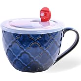Ceramic Soup Mug with Handle, 24 oz Microwave Soup Bowl with Lid, Blue | Reactive Glaze Mug for Ramen, Oatmeal, Cereal, Noodles &amp; Soup, Lightweight Large Soup Cup with Comfortable Grip, Home Office
