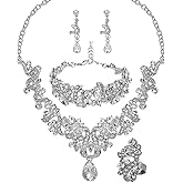 QYJ Jewelry Set for Women, Statement Necklace Dangle Earrings Bracelet Ring, White/KC Gold Plated Jewelry Set with Rhinestone Pearl Crystal Wedding Party Jewelry for Bridal Bridesmaid