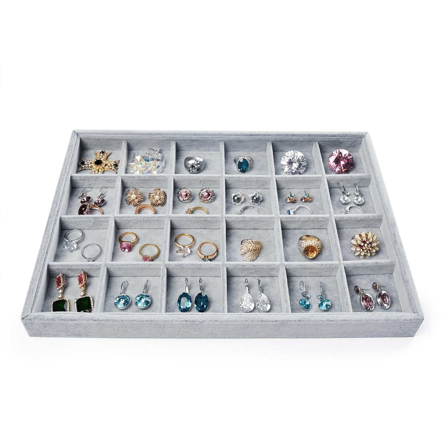 Oirlv 24 Grid Ice Velvet Jewelry Drawer Organizer Tray Stackable Jewelry Trays Removable Dividers for Rings Earring Storage Display