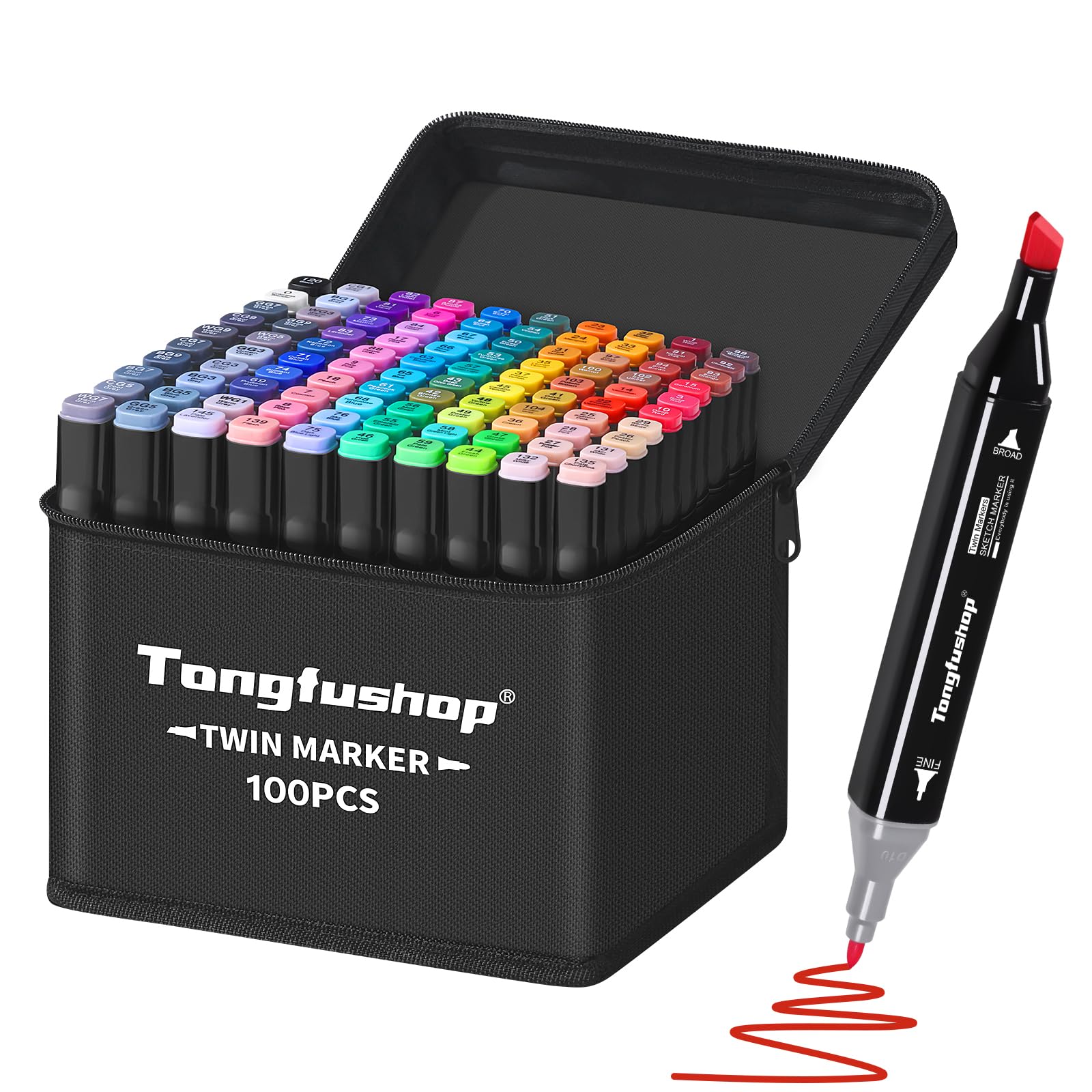 Tongfushop 100 Colored Marker Set, Colouring Pens for Adults, Dual Tip Alcohol Markers for Drawing, Sketching, Anime, Manga, Fun doodling, Felt Tip Pens with Carrying Case & Storage Base