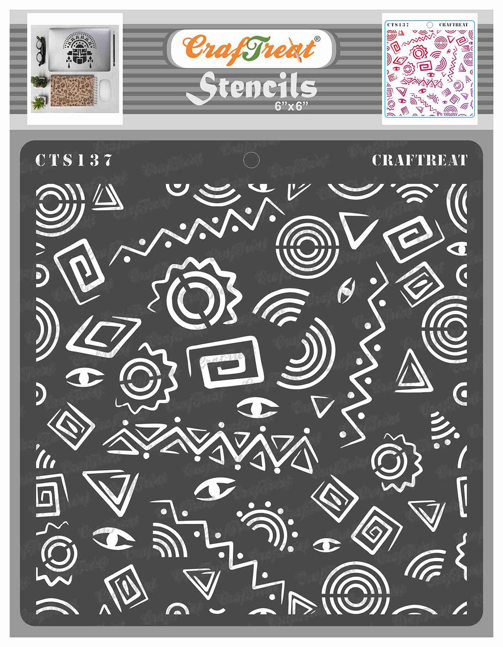 CrafTreat Reusable Tribal Stencils for Painting on Wood, Wall, Tile, Canvas, Paper, Fabric and Floor - Folk Art Background - 6x6 Inch - DIY Art and Craft Stencils - Folk Art Stencil