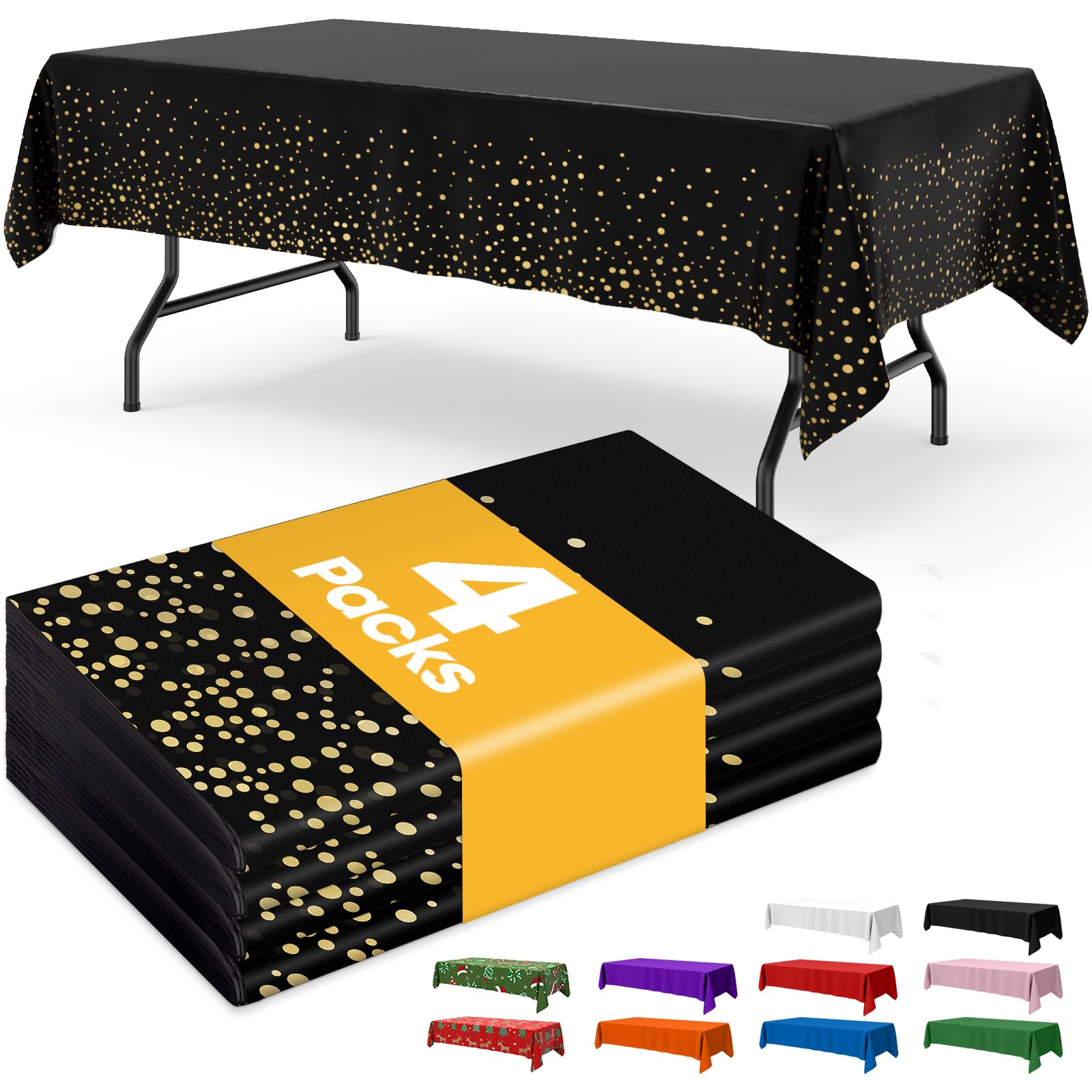 Photo 1 of *USED* Niuara Black and Gold Plastic Table Cloth - 4 Pack 54" × 108" Rectangle Disposable Tablecloths for 6FT Tables, Waterproof Table Cover for Party, Holiday & Gathering Use