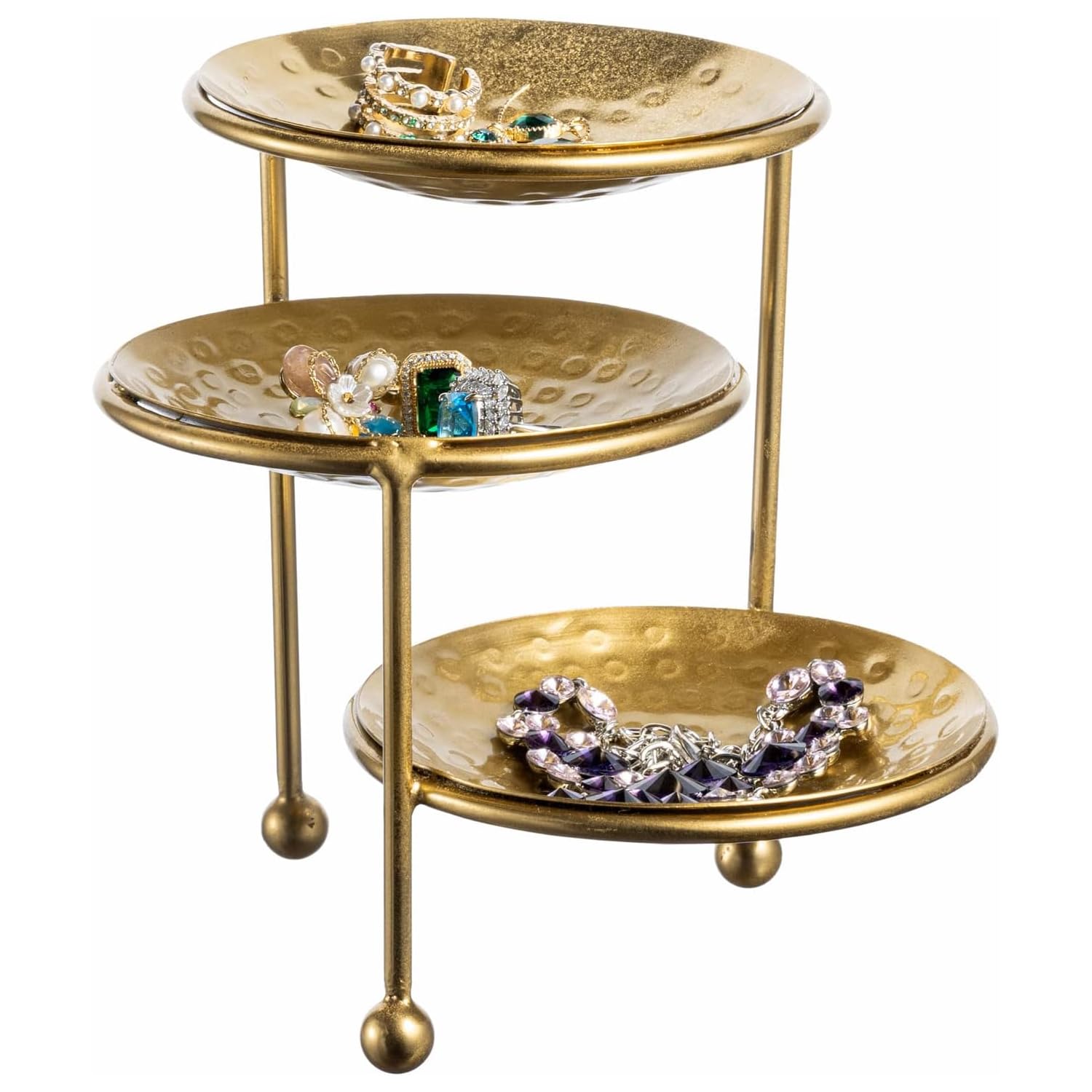 Photo 1 of MyGift 3 Tier Jewelry Dish Organizer - Hammered Brass Plated Metal Ring Tray, Decorative Earring, Necklace, Bracelet Storage Display Tower - Handcrafted in India