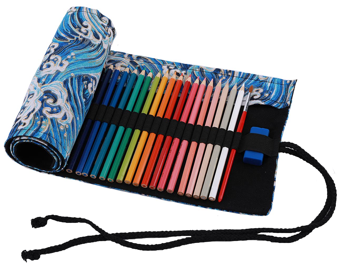 Amoyie Roll Up Pencil Case for 48 Coloured Pencils, Colouring Pens Organiser Bag, Artist Wrap, Canvas Holder, Blue Waves
