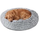 JOLLYVOGUE Calming Dog Beds Large Sized Dog, 36in Donut Washable Large Pet Bed, Anti-Slip & Anti-Anxiety Fluffy Faux Fur Roun