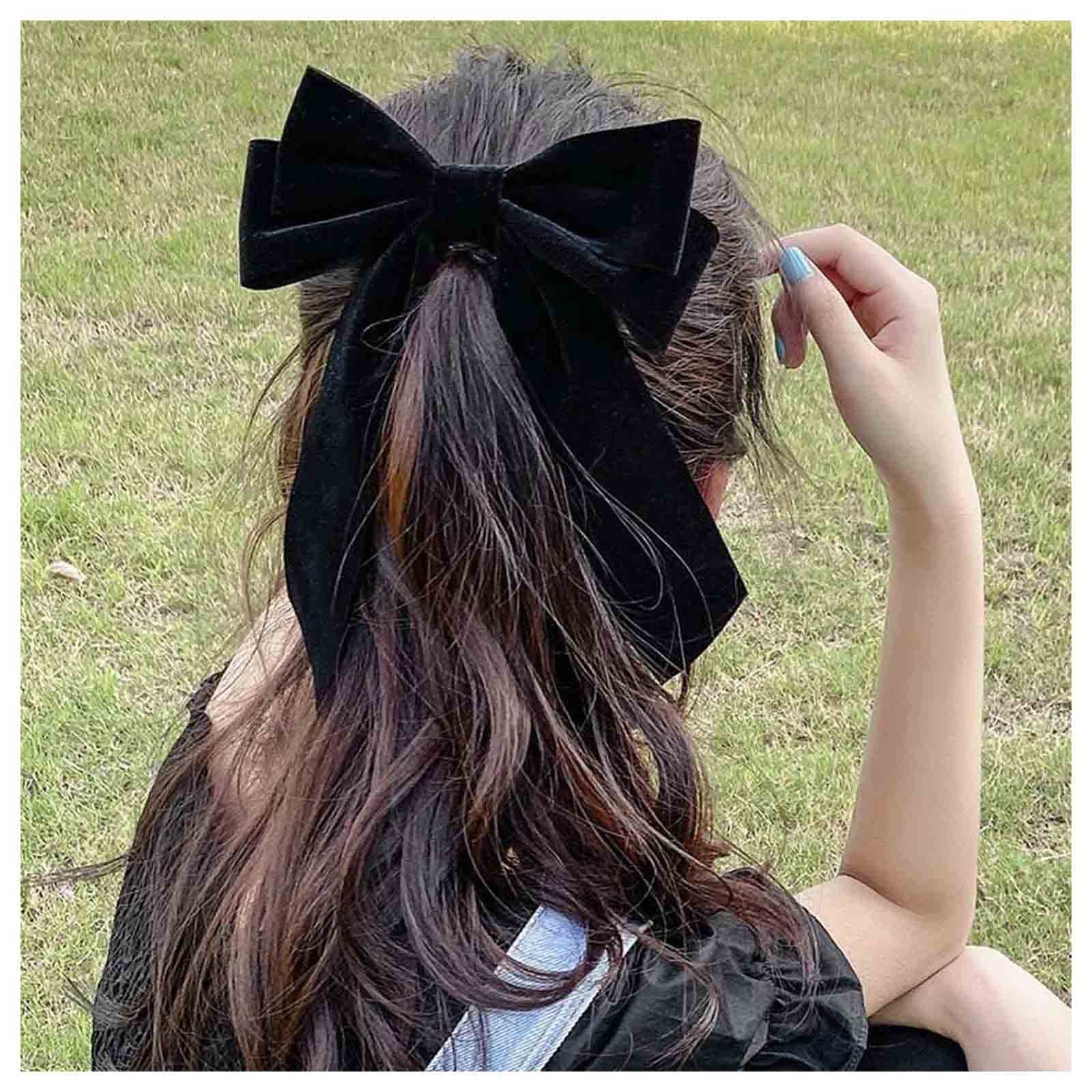 Inilbran Vintage Black Velvet Bow Hair Clips Long Tail Satin Hairclips Barrettes Velvet Ribbon Hair Clip Barrette French Bowknot Hairclip Headwear Winter Decorative Hair Accessories for Women (Black)