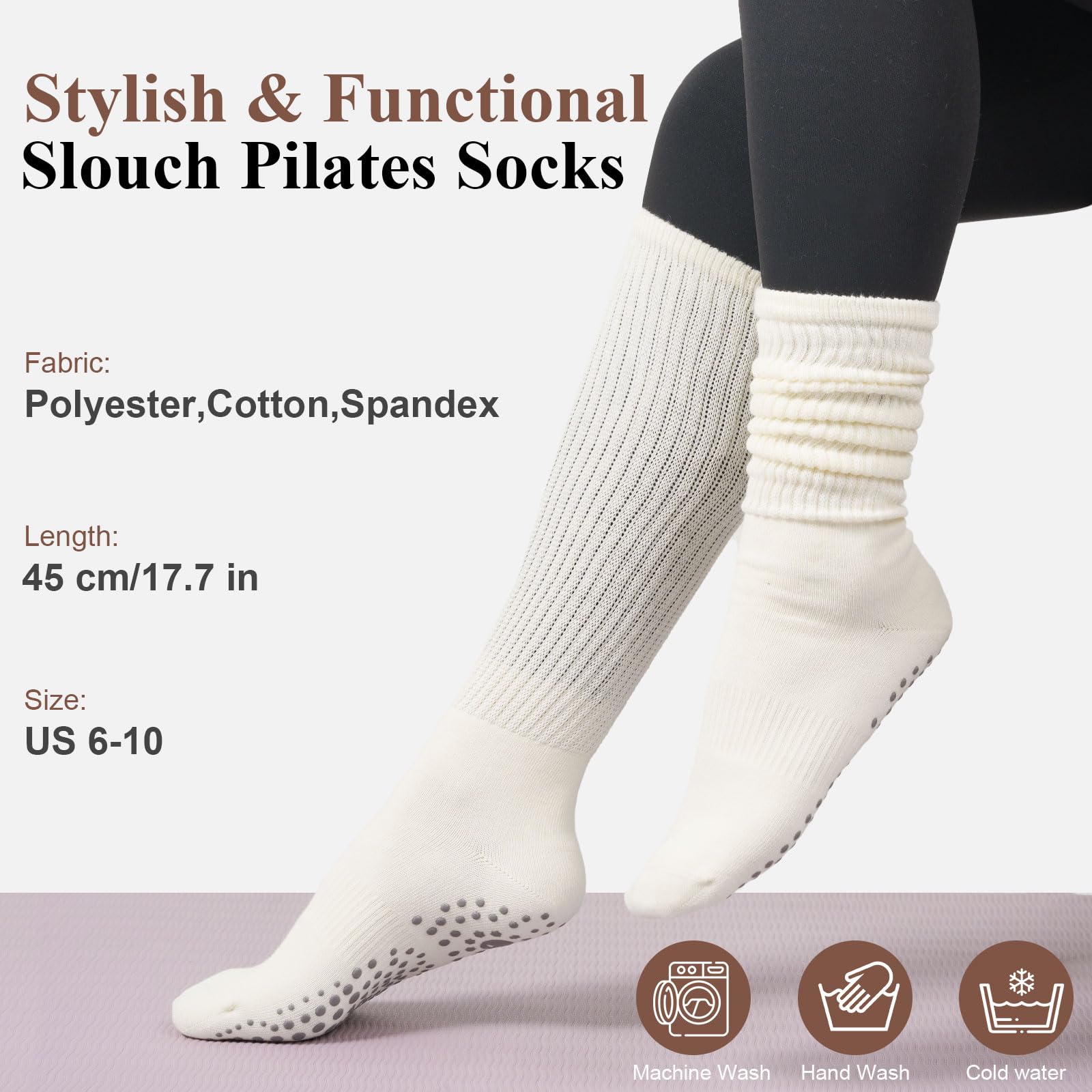 Grip Pilates Socks for Women, Yoga Slouch Socks with Grip for Barre Workout Hospital Long Scrunch Slipper Socks