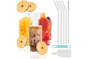 I00000 16oz Large Ribbed Glass Cups (Set of 4) with Bamboo Lids & Glass Straws | Includes Straw Brush + Bottle Brush | Jumbo 