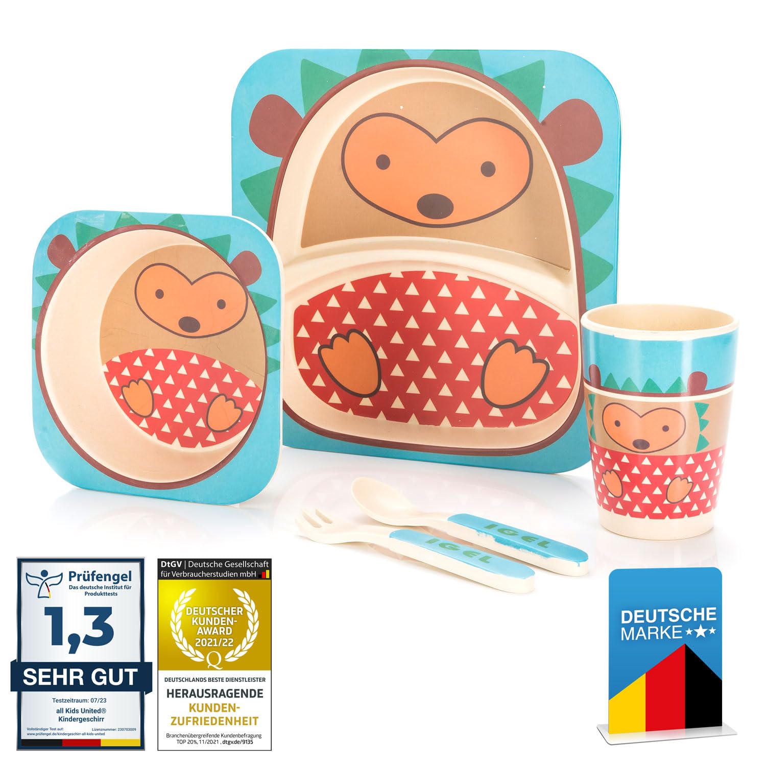 all Kids United® Children's Tableware Set Made of Plastic 5-piece Tableware Set with Animal Motifs; Cup, Bowl, Plate, Spoon & Fork for Children (Hedgehog)