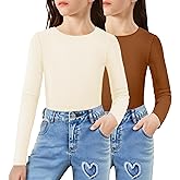 Arshiner 2 Packs Ribbed Knit Long Sleeve Shirts for Girls Soft Slim Fit Crewneck Casual Base Layer Tops Tees