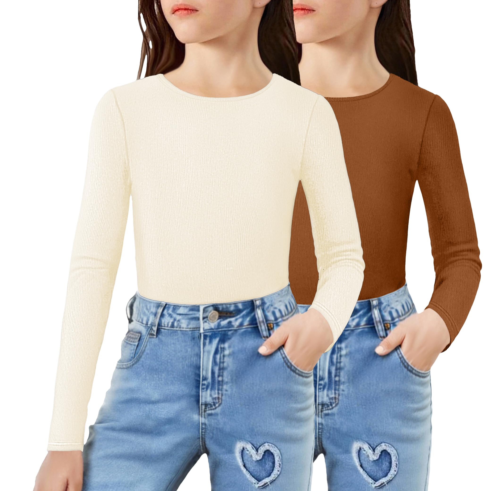 Photo 1 of Arshiner Beige Shirts for Girls Ribbed Knitted Kids Long Sleeve Shirts Slim Fit Girls Long Sleeve Blouse Crew Neck Casual Kids Tops Size 10 Years