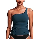 CRZ YOGA One Shoulder Tankini Tops for Women Ruched Bathing Suits Tummy Control Adjustable Swimsuit Only No Bottom Padded
