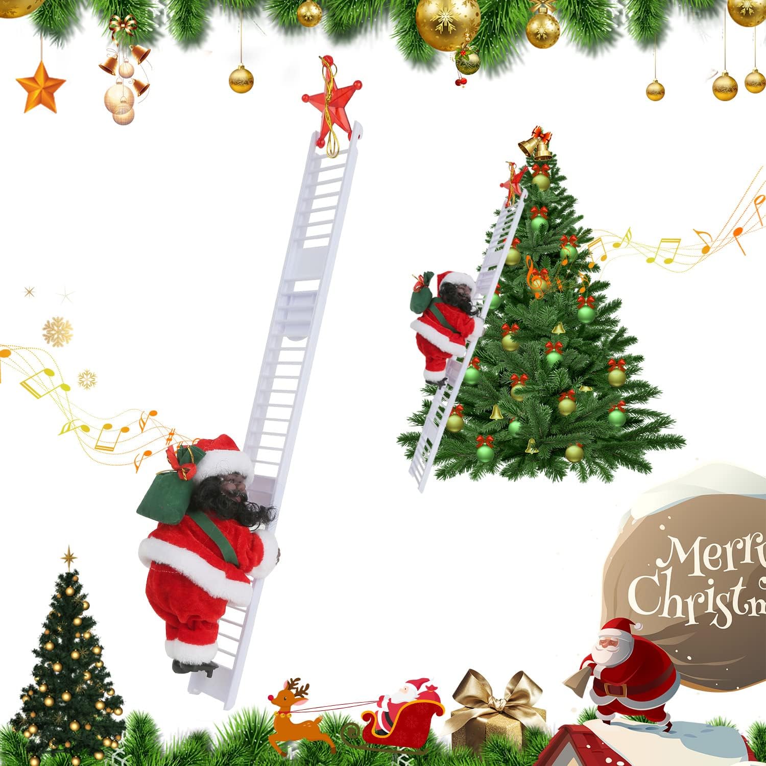Ornaments - WIHQIBVCE Santa Claus Musical Climbing Ladder - African American Decorations Hanging Ornaments, Electric Climbs Up and Down, Gift for Indoor Outdoor Holiday Home Party Decor (Climbing Ladder)