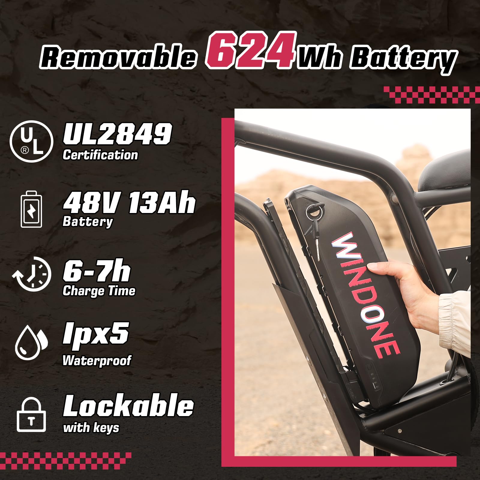 Windone E2/K20 Electric Bike for Adults, 48V 13Ah/15Ah Battery, Up to 28 MPH & 46.6/60 Miles (PAS), 750/1000W Peak Ebike with All-Terrain 20