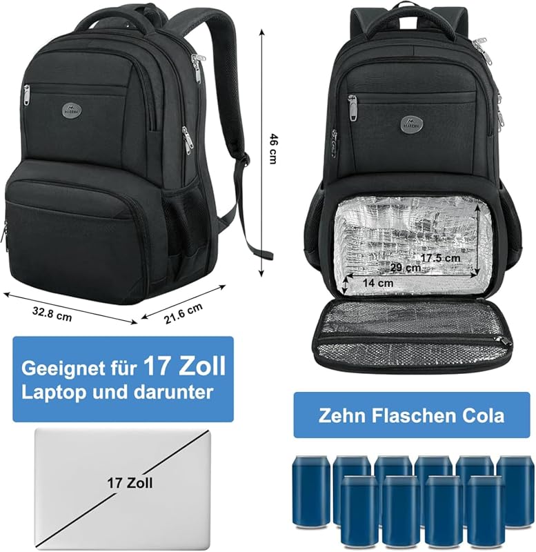 Rucksack Herren mit Kühlfach, Groß Laptop Rucksack Herren 17 Zoll
