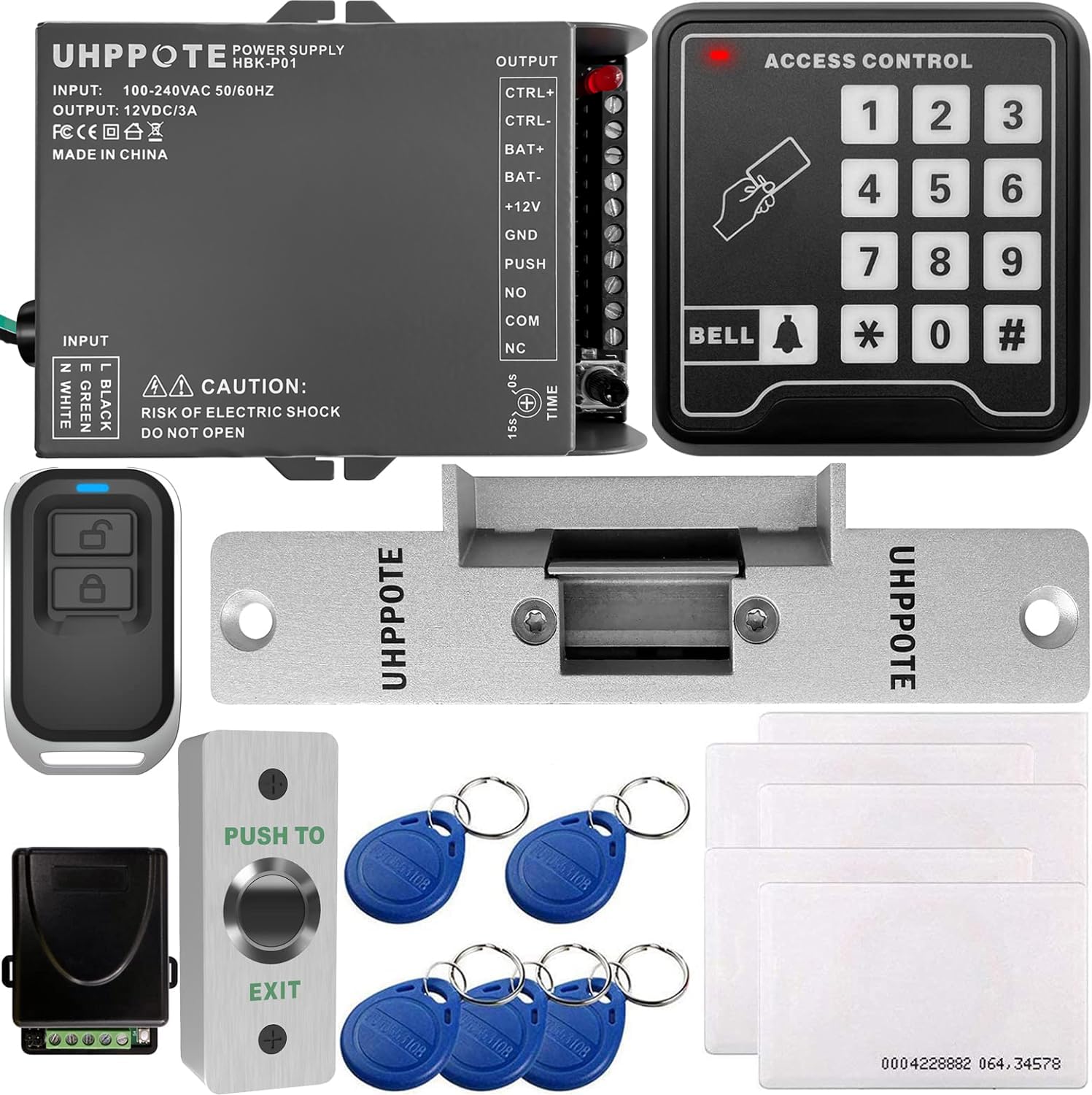 UHPPOTE Full Complete 125KHz EM-ID Card Single Door Access Control Keypad System Kit With Electric Strike Lock Remote Control