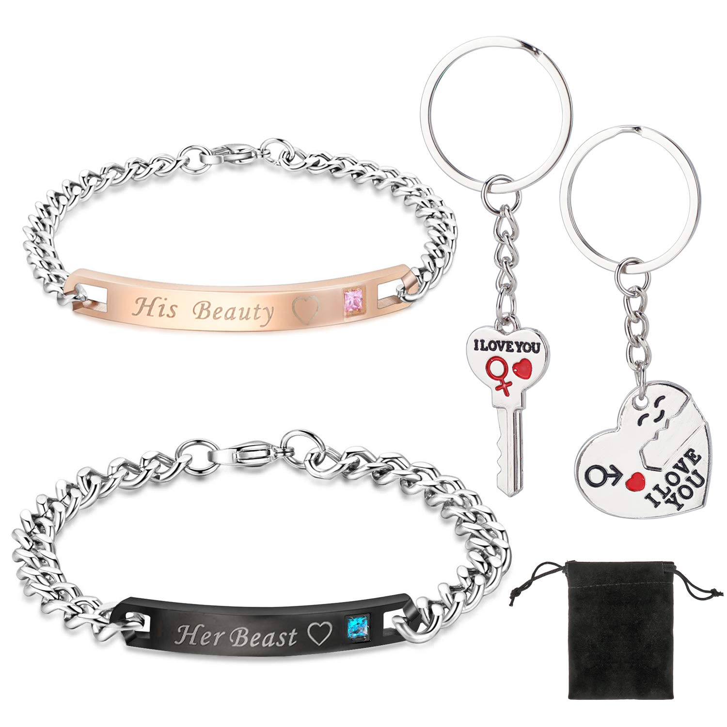 HOWAF Keyring Bracelet Couples Valentines Gifts, I Love You Valentines Key Chains & Her Beast His Beauty Bracelets for Her Him Gifts, for Girlfriend Boyfriend Couples Valentine's Day