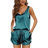 MOYEE Women Silk Pajama Set Soft Satin V Neck Tank Top and Shorts 2 Piece lounge Sets with Pockets