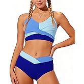 swimsobo Teen Girls Swimsuit Size 7-16 Two Pieces Bikini Sets with Chest Pad Bathing Suit Color Block Swimwear