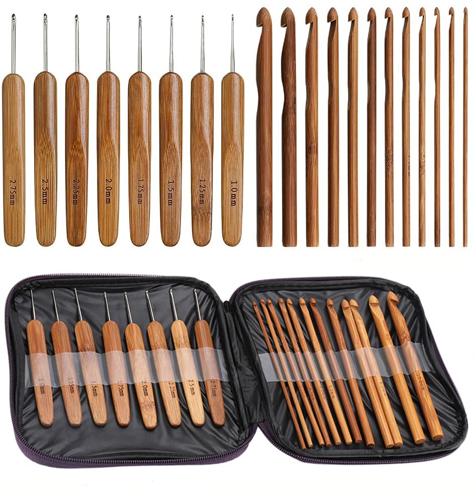Photo 1 of GOTOTOP Crochet Hooks Set 20Pcs Crochet Hooks Needles Bamboo Handle Weave Sewing Tools Set Kit Handle DIY Wooden Knitting Needle for Beginners Professionals