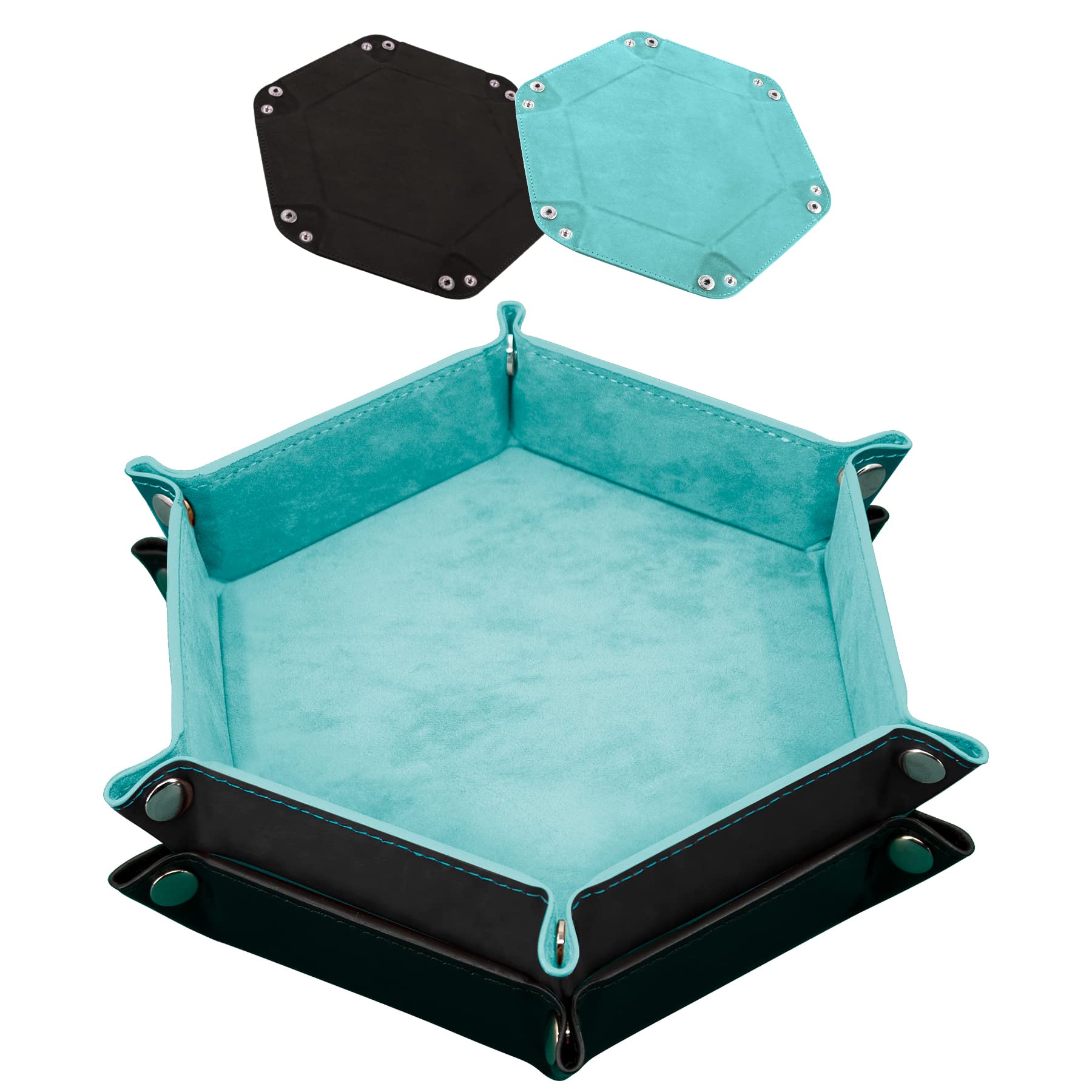 SIQUK 2 Pieces Dice Tray Hexagon Dice Folding Tray PU Leather Velvet Holder Tray for RPG DND and Other Table Games (Light Blue, Black)